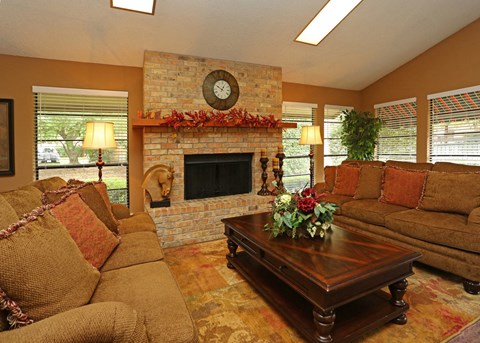 a living room with a fireplace and couches